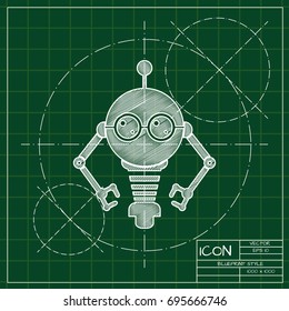 Vector blueprint retro robot toy icon on engineer and architect background  