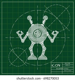 Vector blueprint retro robot toy icon on engineer and architect background  