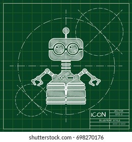 Vector blueprint retro robot toy icon on engineer and architect background  