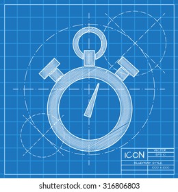 Vector blueprint retro stopwatch icon on engineer or architect background.  