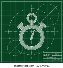 Vector blueprint retro stopwatch icon on engineer and architect background  