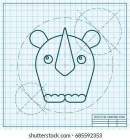Vector blueprint rhinoceros icon on engineer and architect background 