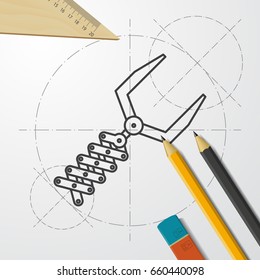 Vector blueprint robot hand icon on engineer and architect background 