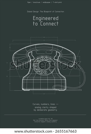 Vector blueprint of a rotary phone on dark background. A clean technical layout celebrating analog design, communication, and geometry. Perfect for print or digital use.