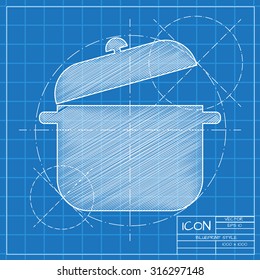 Vector blueprint saucepan icon on engineer or architect background.  