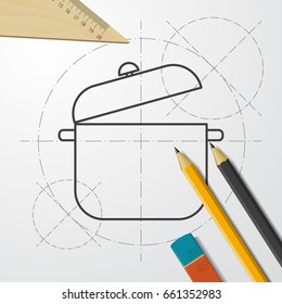Vector blueprint saucepan icon on engineer and architect background 