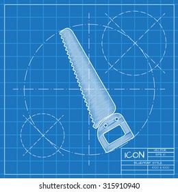 Vector blueprint saw icon on engineer or architect background.  . Industrial equipment 