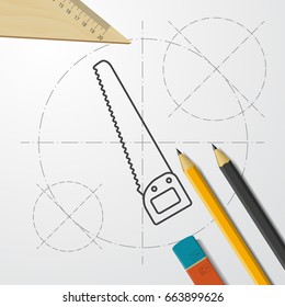 Vector blueprint saw icon on engineer and architect background . Industrial equipment 
