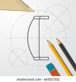 Vector blueprint saw icon on engineer and architect background . Industrial equipment 