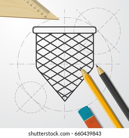 Vector blueprint scoop-net icon on engineer and architect background 