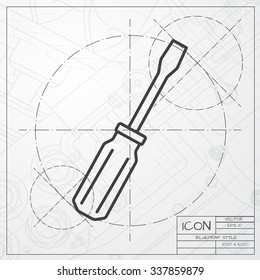 Vector blueprint of screwdriver icon on engineer or architect background 