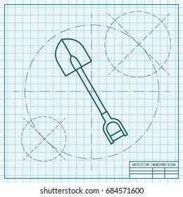 Vector blueprint shovel icon on engineer and architect background . Industrial equipment 