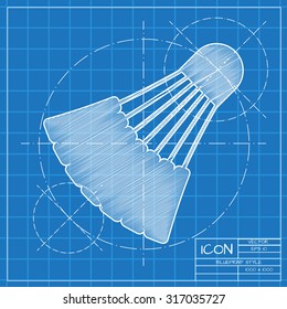 Vector blueprint simple badminton icon on engineer or architect background.  