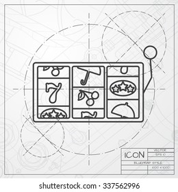 Vector blueprint of slot icon on engineer or architect background. Casino icon 