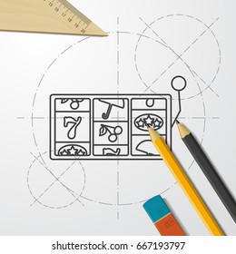 Vector blueprint slot icon on engineer and architect background. Casino icon 