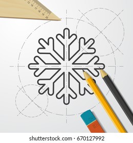 Vector blueprint snowflake icon on engineer and architect background 