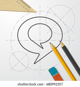 Vector blueprint speech bubbles icon on engineer and architect background. Business collection 