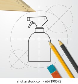 Vector blueprint sprayer bottle on engineer and architect background 
