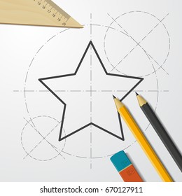 Vector blueprint star icon on engineer and architect background 