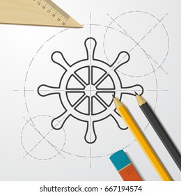 Vector blueprint steering wheel icon on engineer and architect background 