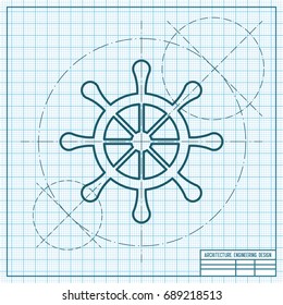 Vector blueprint steering wheel icon on engineer and architect background 