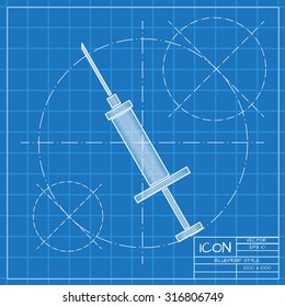 Vector blueprint syringe icon on engineer or architect background.  