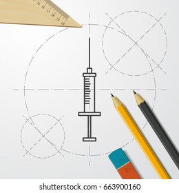 Vector blueprint syringe icon on engineer and architect background