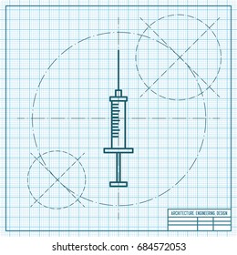 Vector blueprint syringe icon on engineer and architect background 