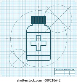 Vector blueprint tablet bottle on engineer and architect background . Health icon 