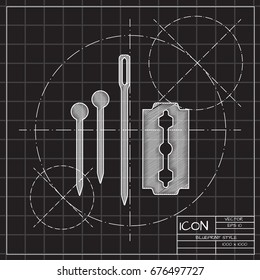 Vector blueprint tailor pins needle blade icon on engineer and architect background 