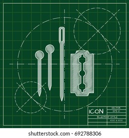 Vector blueprint tailor pins needle blade icon on engineer and architect background  