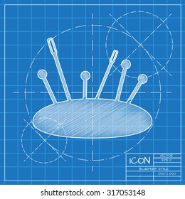 Vector blueprint tailor pins and needles icon on engineer or architect background.  