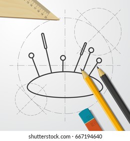 Vector blueprint tailor pins and needles icon on engineer and architect background 