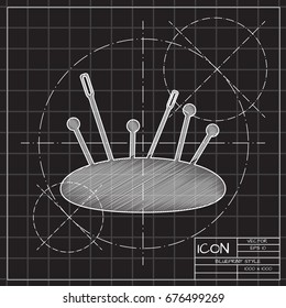 Vector blueprint tailor pins and needles icon on engineer and architect background 