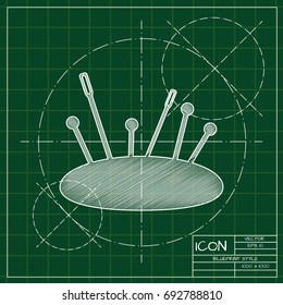 Vector blueprint tailor pins and needles icon on engineer and architect background  