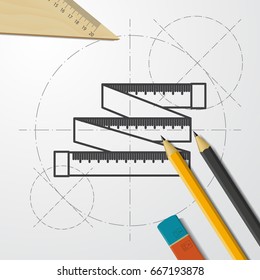 Vector blueprint tailor ruler icon on engineer and architect background 