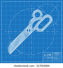 Vector blueprint tailor scissors icon on engineer or architect background.  