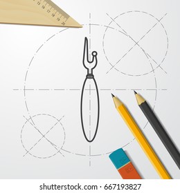 Vector blueprint tailor seam ripper icon on engineer and architect background 