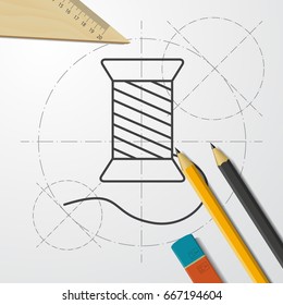 Vector blueprint tailor thread bobbin icon on engineer and architect background