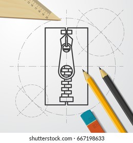 Vector blueprint tailor zipper icon on engineer and architect background 