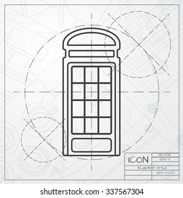 Vector blueprint of telephone box icon on engineer or architect background 