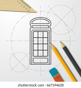 Vector blueprint telephone box icon on engineer and architect background 
