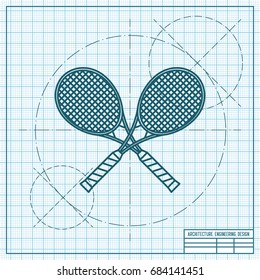 Vector blueprint tennis rackets icon on engineer and architect background 