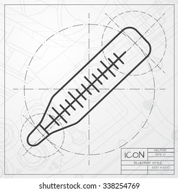Vector blueprint of thermometer icon on engineer or architect background 