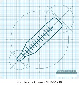 Vector blueprint thermometer icon on engineer and architect background 