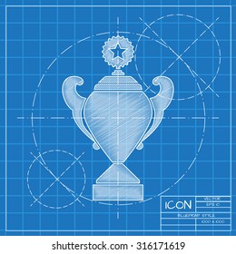 Vector blueprint trophy goblet icon on engineer or architect background.  . Winner award 