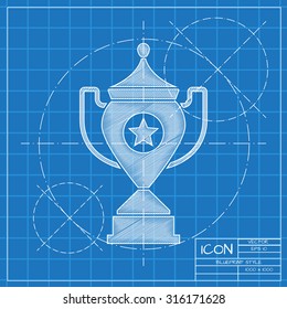 Vector blueprint trophy goblet icon on engineer or architect background.  . Winner award 