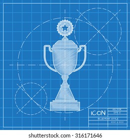 Vector blueprint trophy goblet icon on engineer or architect background.  . Winner award 