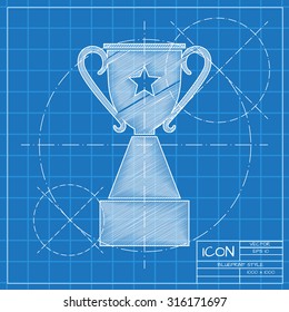 Vector blueprint trophy goblet icon on engineer or architect background.  . Winner award 