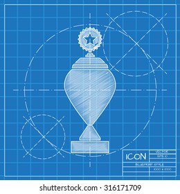 Vector blueprint trophy goblet icon on engineer or architect background.  . Winner award 